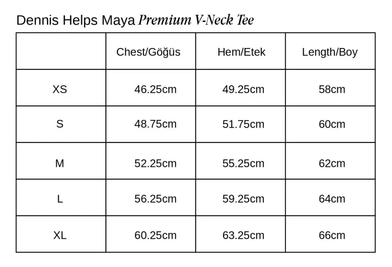 Dennis Helps Maya Çift V Yaka Premium T-shirt beden tablosu 1