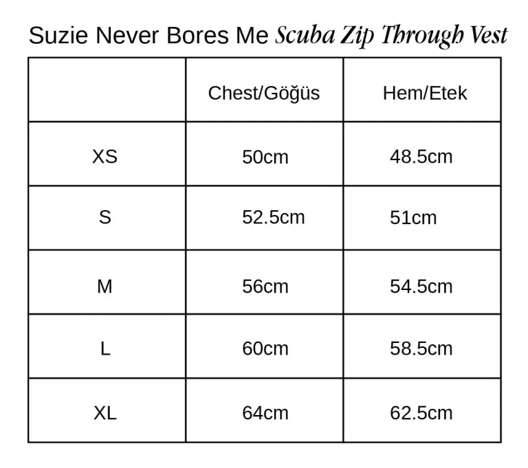 Suzie Never Bores Me Scuba Kapüşonlu Yelek beden tablosu 1