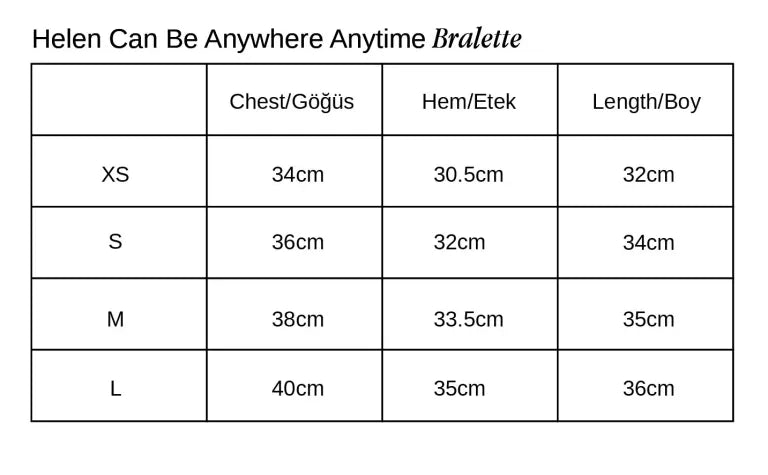 Helen Can Be Anywhere Anytime Bralet beden tablosu 1