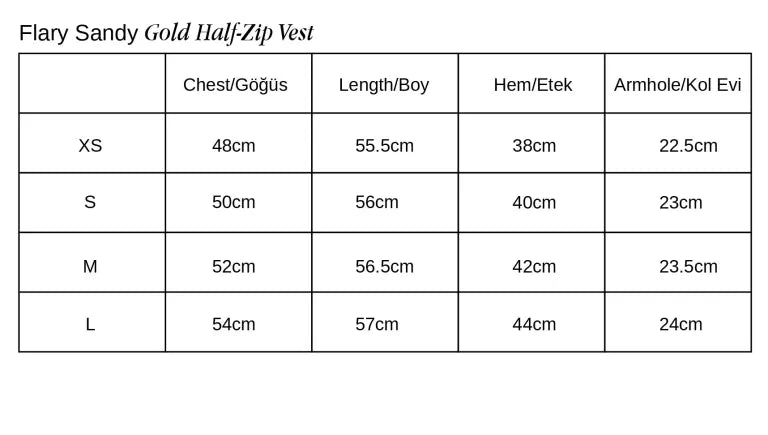 Flary Sandy Gold Fermuarlı Rayon Yelek beden tablosu 1