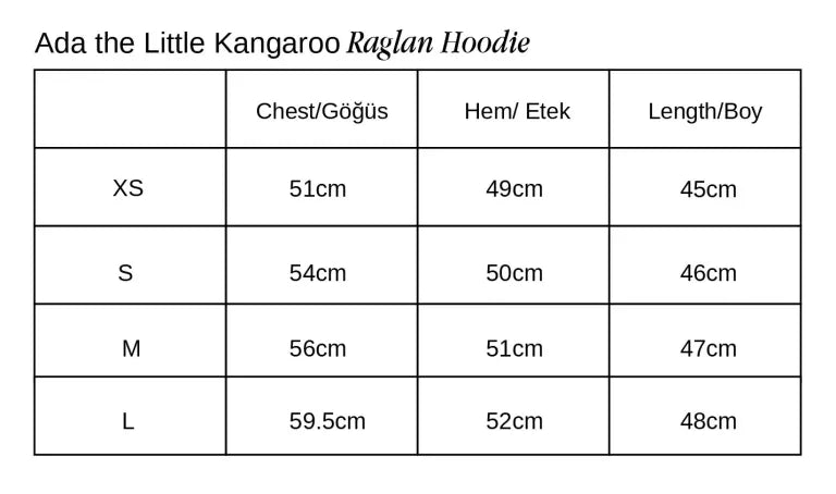 Ada The Little Kangaroo Raglan Yaka Kapüşonlu beden tablosu 1
