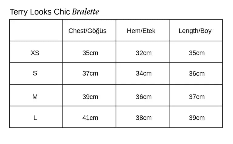 Terry Looks Chic Bralet beden tablosu 1