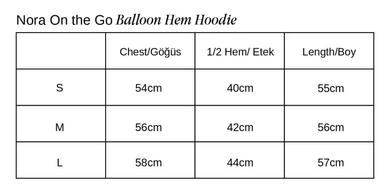 Nora on the Go Balon Etek Kapüşonlu beden tablosu 1