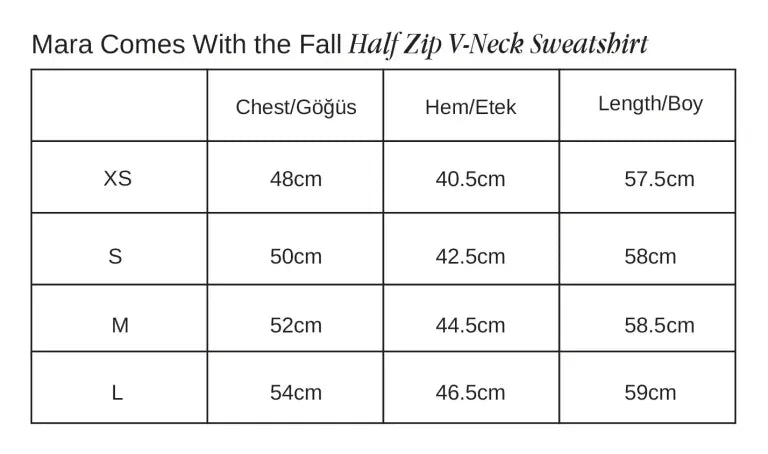 Mara Comes With the Fall V Yaka Gold Fermuarlı Sweatshirt beden tablosu 1
